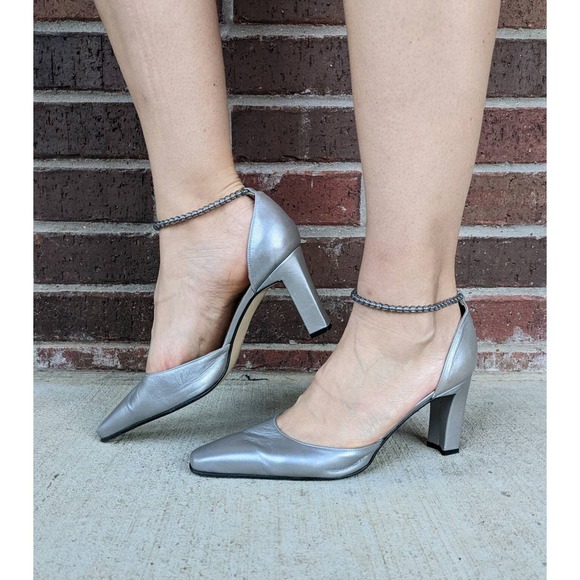 size 8.5 vintage y2k SILVER Beaded Ankle Strap FUTURISTIC HEELS square toe - Picture 8 of 10